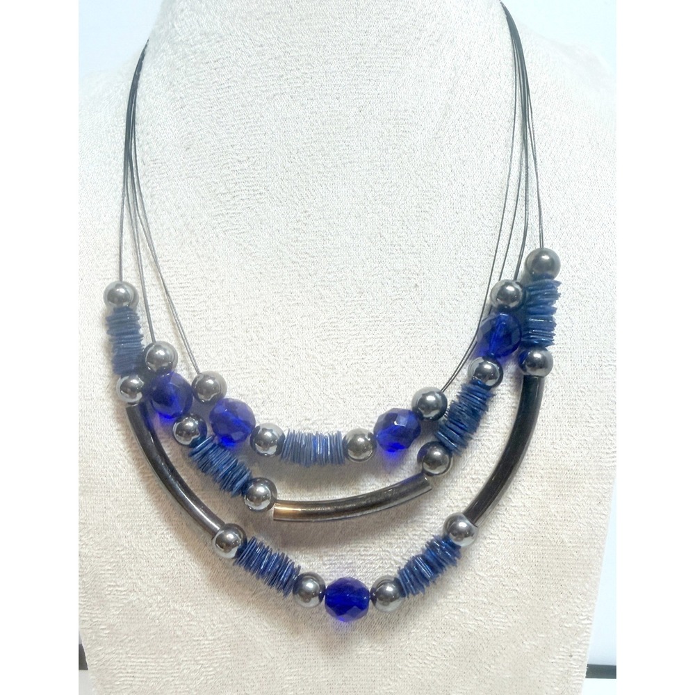 Chico's Blue Glass Bead Gunmetal 3-Strand Statement Necklace